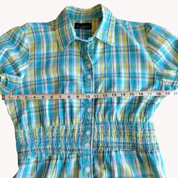 Creative Looks Medium Plaid Short Puff Sleeve Button Up Elastic Waist - Picture 5 of 12